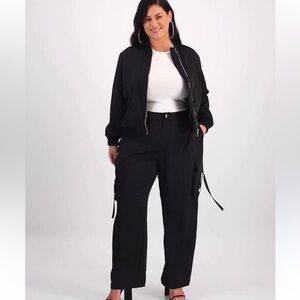 Nina Parker Women’s Black Curvy Plus Size Straight leg Cargo Silky Pants Sz 20W